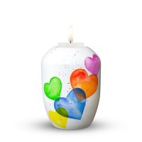 Gedenklicht weiß lackiert Design bunte Herzen
