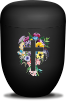 Urne tiefenschwarz  Blumenkreuz